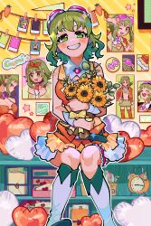 Rule 34 | 1girl, absurdres, alarm clock, boots, bow, character name, clock, eighth note, feet out of frame, flower, goggles, goggles on head, green eyes, green hair, gumi, heart, highres, holding, holding flower, letter, looking at viewer, medium hair, musical note, orange shirt, orange skirt, parted lips, red goggles, shelf, shirt, skirt, sleeveless, sleeveless shirt, solo, star (symbol), striped, striped bow, vocaloid, white footwear, yellow bow, yellow flower, yooki (winter cakes)
