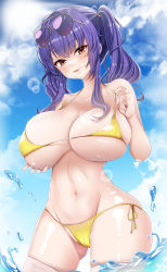 Rule 34 | 1girl, :q, aviator sunglasses, azur lane, bikini, blue sky, breast hold, breasts, eyewear on head, from below, highres, huge breasts, long hair, looking at viewer, navel, official alternate costume, pola (azur lane), pola (seaside coincidence) (azur lane), pulling own clothes, purple hair, red eyes, shiny skin, side-tie bikini bottom, skindentation, sky, solo, string bikini, string pull, sunglasses, swimsuit, takimoto yukari, thighhighs, tongue, tongue out, twintails, water, wet legwear, white thighhighs, yellow bikini