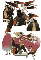Rule 34 | 4boys, aged down, asymmetrical hair, bed, black hair, black wings, blonde hair, book, chizuko (chiduk0), coat, curled horns, dark-skinned male, dark skin, donquixote doflamingo, facial hair, facial tattoo, feather coat, fire, flying, fur coat, fur hat, hair slicked back, hat, headpat, highres, holding, holding hands, horns, jaguar print, kaidou (one piece), king (one piece), long hair, male focus, multiple boys, muscular, mustache, one piece, open clothes, open mouth, panther print, pants, pink coat, shirt, short hair, smile, sunglasses, tattoo, teeth, trafalgar law, white hair, white shirt, wings