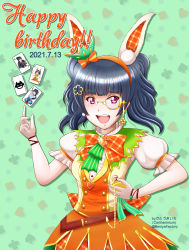 Rule 34 | 1girl, alternate hairstyle, animal ears, artist name, artist request, back bow, belt, belt buckle, beniya factory, blue hair, blush, bow, bowtie, breasts, brown belt, buckle, buttons, card, carrot, carrot necklace, checkered bow, checkered clothes, crown, dress, earrings, fake animal ears, female focus, floating, floating object, flower hair ornament, frilled dress, frilled shirt collar, frilled skirt, frills, glasses, gloves, green background, green ribbon, green skirt, hair bow, hair ornament, hairclip, heart (symbol), highres, holding, holding pocket watch, jewelry, key1 (beniya factory), key1 (katou kiichi), long hair, looking at viewer, love live!, love live! school idol festival, love live! school idol festival all stars, love live! sunshine!!, mini crown, necklace, orange bow, orange dress, orange skirt, parted lips, pocket watch, puffy short sleeves, puffy sleeves, purple eyes, rabbit ears, ribbon, short sleeves, skirt, smile, solo, spade (shape), spade print, tsushima yoshiko, twintails, vegetable wonderland (love live!), watch, white gloves, yellow belt
