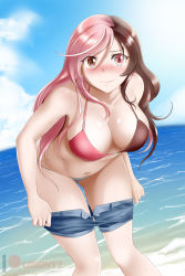 Rule 34 | 1girl, ass, asymmetrical bikini, bare shoulders, bent over, bikini, bikini bottom only, blue shorts, blue sky, blush, breasts, brown eyes, brown hair, cleavage, closed mouth, clothes pull, cloud, collarbone, day, denim, denim shorts, embarrassed, halterneck, heterochromia, highres, kimmy77, large breasts, leaning, leaning forward, long hair, looking at viewer, multicolored hair, navel, neo politan, ocean, open clothes, open shorts, outdoors, patreon logo, pink eyes, pink hair, pulling own clothes, rwby, shiny skin, short shorts, shorts, shorts pull, sky, smile, solo, split-color hair, swimsuit, two-tone hair, very long hair, water, watermark, wavy hair, wet, wet hair, white bikini