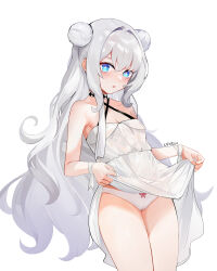 Rule 34 | 1girl, absurdres, artist name, azur lane, bags under eyes, bare legs, bare shoulders, blush, bow, bow panties, breasts, cameltoe, chinese commentary, choker, cleavage, clothes lift, collarbone, commentary request, criss-cross halter, cross-shaped pupils, crossed bangs, double bun, dress, dress lift, grey hair, hair between eyes, hair bun, halterneck, highres, le malin (azur lane), le malin (sleepy sunday) (azur lane), lifting own clothes, looking at viewer, official alternate costume, panties, parted lips, red bow, ribbon, signature, simple background, small breasts, solo, symbol-shaped pupils, thighs, underwear, white background, white dress, white panties, white ribbon, wrist ribbon, xnnagu
