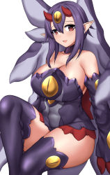Rule 34 | 1girl, absurdres, aged up, alternate breast size, bare shoulders, boots, breasts, choker, cleavage, desco (disgaea), detached sleeves, disgaea, hair between eyes, highres, horns, large breasts, looking at viewer, makai senki disgaea 4, monster girl, oni horns, open mouth, pointy ears, purple footwear, purple hair, red eyes, short hair, sitting, smile, solo, tail, thigh boots, thighhighs