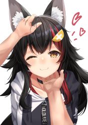Rule 34 | 1girl, :3, ;), absurdres, alternate costume, animal collar, animal ear fluff, animal ears, black choker, black collar, black hair, blush, choker, closed mouth, collar, collarbone, commentary request, flipped hair, hair ornament, hairband, hairclip, hand on another&#039;s chin, headpat, heart, highres, hololive, hood, hood down, hooded jacket, jacket, long hair, looking at viewer, male hand, multicolored clothes, multicolored hair, multicolored jacket, one eye closed, ookami mio, ookami mio (casual), pov, pov hands, red hair, scratching chin, simple background, smile, starkamisan, streaked hair, stroking another&#039;s chin, two-tone jacket, upper body, virtual youtuber, white background, wolf ears, yellow eyes