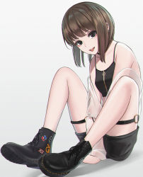 Rule 34 | 1girl, :p, absurdres, backlighting, bad id, bad pixiv id, bare shoulders, between legs, black footwear, black shorts, breasts, brown hair, camisole, chromatic aberration, collarbone, crop top, debi, ear piercing, earrings, hand between legs, head tilt, highres, hoop earrings, huge filesize, jewelry, knees up, lips, looking at viewer, o-ring, o-ring legwear, o-ring thigh strap, off shoulder, original, piercing, see-through, shoes, short shorts, shorts, simple background, sitting, small breasts, sneakers, solo, thigh strap, tongue, tongue out, v arms, zipper
