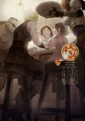 Rule 34 | 2boys, 3girls, armor, bar (place), bar stool, barret wallace, black hair, blonde hair, breastplate, brown hair, child, closed eyes, cloud strife, commentary request, counter, cup, dark-skinned male, dark skin, dog tags, dress, earrings, facial hair, facial scar, feeding, final fantasy, final fantasy vii, final fantasy vii remake, fingerless gloves, food, gloves, hanging light, holding, holding cup, holding plate, indoors, jessie rasberry, jewelry, long hair, marlene wallace, multiple boys, multiple girls, open mouth, p-nekor, pink dress, pizza, pizza slice, plate, puffy short sleeves, puffy sleeves, scar, scar on cheek, scar on face, short hair, short sleeves, shoulder armor, single earring, sitting, smile, spiked hair, stool, sunglasses, sweater, swept bangs, tifa lockhart, turtleneck, turtleneck sweater