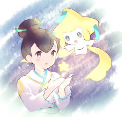 Rule 34 | 1boy, :o, black hair, blush, brown eyes, commentary, creatures (company), cupping hands, game freak, gen 3 pokemon, hair bun, hair ornament, hands up, highres, jirachi, legendary pokemon, male focus, mythical pokemon, nintendo, official alternate costume, open mouth, own hands together, pokemon, pokemon (creature), pokemon masters ex, shirt, symbol-only commentary, tate (pokemon), tate (summer 2023) (pokemon), tudurimike, white shirt