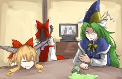 Rule 34 | 3girls, antinomy of common flowers, bad id, bad nicoseiga id, blonde hair, bow, bowtie, brown hair, buttons, closed eyes, constricted pupils, cup, detached sleeves, drooling, green eyes, green hair, green tea, hair between eyes, hair bow, hakurei reimu, hat, highres, horns, ibuki suika, indoors, japanese clothes, kankan33333, long hair, long sleeves, miko, mima (touhou), multiple girls, red bow, sakazuki, sidelocks, sitting, sleeping, sleeveless, spill, sweatdrop, table, tea, television, touhou, touhou (pc-98), watching television, yellow bow, yellow bowtie