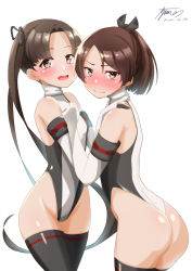 Rule 34 | 2girls, absurdres, ayanami (kancolle), ayuman, bare shoulders, black hair, brown eyes, brown hair, commission, dated, elbow gloves, gloves, highleg, highleg leotard, highres, holding hands, kantai collection, leotard, long hair, multiple girls, race queen, shikinami (kancolle), shikinami kai ni (kancolle), short hair, side ponytail, signature, simple background, sleeveless, thighhighs, thong leotard, turtleneck, two-tone leotard, white background, white gloves