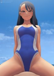 Rule 34 | 1boy, 1girl, black hair, blue sky, blue one-piece swimsuit, brown eyes, closed mouth, cloud, competition swimsuit, cowgirl position, day, girl on top, ijiranaide nagatoro-san, long hair, looking at viewer, nagatoro hayase, ocean, one-piece swimsuit, outdoors, patreon username, putcher, sky, smile, solo focus, straddling, swimsuit