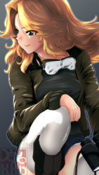 Rule 34 | 1girl, backlighting, binoculars, black footwear, black shirt, blonde hair, blue eyes, blue shorts, boots, brown jacket, closed mouth, commentary request, girls und panzer, goggles, goggles around neck, hair intakes, hand on own knee, highres, holding, holding binoculars, jacket, kay (girls und panzer), long hair, looking to the side, on one knee, open mouth, partial commentary, saunders military uniform, shirt, short shorts, shorts, smirk, solo, thighhighs, white thighhighs, wind, yoyokkun