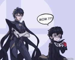 Rule 34 | 10s, 1boy, 1girl, absurdres, alternate hair length, alternate hairstyle, amamiya ren, amulet, aztodio, bayonetta, bayonetta (series), bayonetta 2, black hair, bodysuit, cleavage cutout, clothing cutout, crossed arms, crossover, earrings, eyeshadow, glasses, gloves, highres, jewelry, lipstick, makeup, mask, mole, mole under mouth, mother and son, nintendo, persona, persona 5, red gloves, short hair, super smash bros.