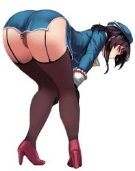 Rule 34 | 2girls, ass, bent over, beret, black hair, black legwear, blue hat, blue jacket, blue skirt, brown legwear, fairy (kancolle), from behind, full body, garter straps, hands on own knees, hat, high heels, jacket, kantai collection, knees together feet apart, long sleeves, looking at viewer, mini person, minigirl, miniskirt, multiple girls, panties, pantyshot, pencil skirt, red eyes, short hair, simple background, skirt, solo focus, takao (kancolle), thighhighs, underwear, uniform, utopia, white background