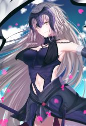 Rule 34 | 1girl, ahoge, armor, armored dress, armpits, black dress, black gloves, breasts, chain, cherry blossoms, clothing cutout, cloud, cloudy sky, detached collar, dress, fate/grand order, fate (series), flag, gauntlets, gloves, headpiece, holding, holding weapon, jeanne d&#039;arc (fate), jeanne d&#039;arc alter (avenger) (fate), jeanne d&#039;arc alter (avenger) (third ascension) (fate), jeanne d&#039;arc alter (fate), looking at viewer, navel, navel cutout, petals, silver hair, sky, smile, solo, tanaji, weapon, yellow eyes