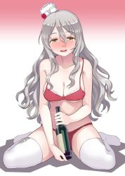 Rule 34 | 1girl, bikini, blush, bottle, breasts, brown eyes, drunk, gradient background, grey hair, highres, kantai collection, kumadano, long hair, looking at viewer, pola (kancolle), simple background, sitting, smile, solo, swimsuit, thighhighs, wariza, wavy hair, white thighhighs, wine bottle