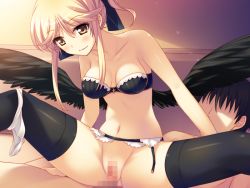 Rule 34 | 1boy, 1girl, artist request, blush, bra, breasts, censored, cleavage, girl on top, hetero, imminent penetration, lingerie, pussy, reverse cowgirl position, sex, sex from behind, smile, source request, straddling, underwear, wings