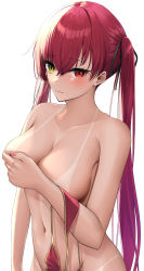 Rule 34 | 1girl, absurdres, bikini, black ribbon, breasts, closed mouth, covering breasts, covering privates, hair ribbon, heterochromia, highres, holding, holding clothes, holding swimsuit, hololive, houshou marine, houshou marine (summer), laimer, large breasts, long hair, navel, red eyes, red hair, ribbon, simple background, solo, stomach, swimsuit, tan, tanline, twintails, unworn bikini, virtual youtuber, white background, yellow eyes
