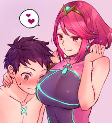 Rule 34 | 1boy, 1girl, blush, breasts, competition swimsuit, earrings, face to breasts, hair ornament, hetero, hug, jewelry, large breasts, long hair, looking at viewer, navel, nintendo, one-piece swimsuit, ooshima aki, pyra (pro swimmer) (xenoblade), pyra (xenoblade), red eyes, red hair, rex (xenoblade), short hair, simple background, smile, swimsuit, tiara, xenoblade chronicles (series), xenoblade chronicles 2