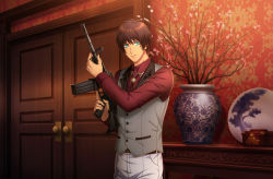 Rule 34 | 1boy, aijima cecil, belt, blue eyes, bolo tie, box, brown belt, brown hair, closed mouth, cowboy shot, door, doorknob, fingernails, formal, game cg, grey vest, gun, hand up, highres, holding, holding gun, holding weapon, indoors, jacket, looking at viewer, male focus, official art, open clothes, open collar, open jacket, pants, peach blossom, pinstripe pattern, plate, porcelain, red shirt, rifle, serious, shirt, short hair, solo, standing, striped, table, uta no prince-sama, uta no prince-sama: shining live, vase, vest, wallpaper (object), weapon, white pants, wooden door
