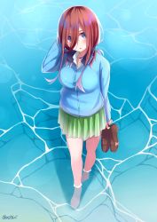 Rule 34 | 1girl, absurdres, arm behind head, barefoot, blue cardigan, blue eyes, blush, brown footwear, brown hair, cardigan, commentary request, full body, go-toubun no hanayome, green skirt, headphones, headphones around neck, highres, holding, holding shoes, honorikiti, loafers, long hair, long sleeves, looking at viewer, miniskirt, nakano miku, open mouth, pleated skirt, shoes, unworn shoes, signature, skirt, solo, standing, wading, water