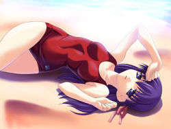 Rule 34 | 00s, 1girl, alternate costume, arm up, beach, breasts, clenched hands, competition swimsuit, crossed legs, day, fate/stay night, fate (series), from above, hair ribbon, long hair, looking at viewer, lying, lyng, matou sakura, norizou type-r, ocean, on back, on ground, one-piece swimsuit, outdoors, parted lips, purple eyes, purple hair, red one-piece swimsuit, ribbon, school swimsuit, small breasts, solo, swimsuit, water