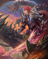 Rule 34 | 1boy, armor, aura, breath weapon, breathing fire, cape, chaosringen, clenched teeth, cloud, commentary, dragon, dragon riding, fantasy, fire, flying, highres, holding, holding sword, holding weapon, huge weapon, long hair, looking afar, looking away, original, ornate armor, parted lips, pauldrons, plate armor, red cape, red eyes, red hair, reins, riding, shoulder armor, sky, sunset, sword, teeth, weapon