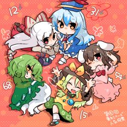 Rule 34 | 5girls, :3, :d, animal ears, arms up, bad id, bad pixiv id, barefoot, blue dress, blue hair, bow, brown hair, rabbit ears, rabbit tail, chibi, head rest, dress, closed eyes, female focus, from above, fujiwara no mokou, ghost, ghost tail, green dress, green hair, hair bow, hat, hat bow, inaba tewi, kamishirasawa keine, komeiji koishi, looking at viewer, lying, multicolored hair, multiple girls, no shoes, on side, on stomach, open mouth, orange background, outstretched arms, pants, pink dress, red eyes, sitting, skirt, smile, soga no tojiko, tail, takamura, tears, touhou, two-tone hair, v arms, white hair, yellow eyes