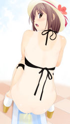 Rule 34 | 1girl, ass, bathroom, bikini, bikini pull, black bikini, blush, brown eyes, brown hair, clothes pull, crossed arms, dedenden (pixiv30568724), flower, from behind, hat, hat flower, highres, looking at viewer, looking back, one-piece tan, open mouth, peeing, shoes, short hair, squat toilet, squatting, swimsuit, tan, tanline, toilet, toilet use, white footwear