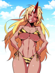 Rule 34 | 1girl, bikini, blonde hair, blue sky, breasts, cloud, commentary request, gluteal fold, hands on own hips, highres, horns, hoshiguma yuugi, jin (mugenjin), large breasts, long hair, looking at viewer, navel, oni, red eyes, side-tie bikini bottom, single horn, sky, solo, star (symbol), swimsuit, tan, tiger stripes, touhou