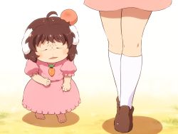 Rule 34 | 2girls, ahoge, animal ears, barefoot, brown footwear, brown hair, carrot necklace, closed eyes, commentary request, dress, gradient background, head bump, height difference, inaba tewi, jewelry, kneehighs, legs, loafers, lower body, meme, miniskirt, multiple girls, necklace, open mouth, pink dress, pink skirt, puffy short sleeves, puffy sleeves, rabbit ears, reisen udongein inaba, shadow, shirosato, shoes, short hair, short sleeves, skirt, socks, standing, thighs, touhou, white background, white legwear, wrinkled frown (detective pikachu)