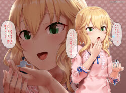 Rule 34 | 1boy, 1girl, :d, :o, artist name, blonde hair, blue ribbon, commentary request, covering own mouth, dress, flying sweatdrops, frilled sleeves, frills, green eyes, hand over own mouth, heart, heart background, highres, idolmaster, idolmaster cinderella girls, in palm, long sleeves, looking at another, mini person, miniboy, multiple views, open mouth, pink dress, producer (idolmaster), rakia (ds00309), ribbon, sakurai momoka, size difference, smile, sweatdrop, tongue, translation request, twitter username, upper body