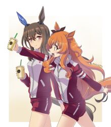 Rule 34 | 2girls, \m/, admire vega (umamusume), animal ears, as&#039;maria, bow, breasts, brown hair, closed mouth, commentary request, cup, disposable cup, drinking straw, ear bow, holding, holding cup, horse ears, horse girl, horse tail, jacket, long hair, long sleeves, looking at another, mayano top gun (umamusume), multiple girls, open mouth, orange hair, outstretched arm, pink eyes, red jacket, red shorts, short shorts, shorts, sideways mouth, small breasts, smile, tail, track jacket, two side up, umamusume, walking, yellow eyes