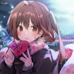 Rule 34 | 1girl, blurry, blurry background, blush, box, breath, bridge, brown eyes, brown hair, coat, cold, commentary request, duffel coat, heart-shaped box, highres, karory, long hair, long sleeves, looking at viewer, one side up, open mouth, original, outdoors, plaid, plaid scarf, scarf, signature, solo, upper body