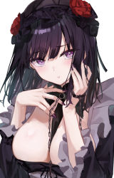 Rule 34 | 1girl, 7gao, :o, between breasts, black hairband, black necktie, blunt bangs, blush, breast padding, breasts, chain, chain between breasts, chain leash, cleavage, cosplay, detached collar, dot nose, eyes visible through hair, fake nails, fingernails, floating hair, flower, frilled hairband, frilled sleeves, frills, furrowed brow, gothic lolita, hair between eyes, hair flower, hair ornament, hairband, hands up, highres, holding, holding leash, kitagawa marin, kuroe shizuku, kuroe shizuku (cosplay), large breasts, leash, lolita fashion, lolita hairband, long fingernails, long sleeves, looking at viewer, medium hair, nail polish, necktie, necktie between breasts, parted lips, purple eyes, purple hair, purple nails, red flower, red rose, rose, simple background, solo, sono bisque doll wa koi wo suru, straight hair, swept bangs, thick eyelashes, tsurime, upper body, white background, wide sleeves, wig