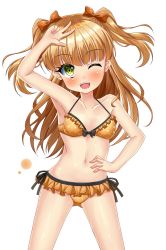 Rule 34 | 10s, 1girl, bikini, blonde hair, bow, breasts, frilled bikini, frills, front-tie top, green eyes, hair bow, hand on own hip, highres, idolmaster, idolmaster cinderella girls, jougasaki rika, looking at viewer, navel, one eye closed, orange bow, side-tie bikini bottom, simple background, small breasts, solo, suiren fuyu, swimsuit, twintails, two side up, v, white background, yellow bikini