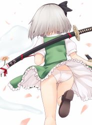 Rule 34 | 1girl, ass, bare legs, black hairband, black ribbon, black socks, brown footwear, clothes lift, commentary request, feet out of frame, flower, from behind, green skirt, green vest, hair ribbon, hairband, highres, hitodama, holding, holding sword, holding weapon, katana, konpaku youmu, konpaku youmu (ghost), leg up, miniskirt, miyo (ranthath), panties, petals, petticoat, pink flower, puffy short sleeves, puffy sleeves, red ribbon, ribbon, scabbard, sheath, sheathed, shirt, shoes, short hair, short sleeves, silver hair, simple background, skirt, skirt lift, skirt set, socks, solo, standing, standing on one leg, sword, thighs, touhou, underwear, vest, weapon, weapon on back, white background, white panties, white shirt