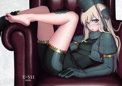 Rule 34 | 1girl, artist name, barefoot, bike shorts, black one-piece swimsuit, blonde hair, blue eyes, blush, breasts, chair, character name, cropped jacket, garrison cap, grey background, hat, headgear, highres, kantai collection, long hair, nanja, one-piece swimsuit, parted lips, puffy sleeves, simple background, small breasts, solo, swimsuit, thighs, u-511 (kancolle)