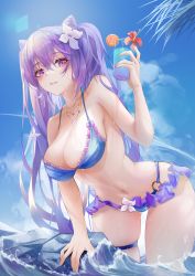 Rule 34 | 1girl, absurdres, alternate costume, arm support, bare arms, bare shoulders, beach, bikini, bikini skirt, blue sky, blush, breasts, cleavage, cloud, cone hair bun, crossed bangs, cup, day, double bun, drink, flower, frilled bikini, frills, genshin impact, hair between eyes, hair bun, hair flower, hair ornament, halterneck, hibiscus, highres, holding, holding cup, holding drink, jewelry, keqing (genshin impact), large breasts, leaning forward, looking at viewer, miniskirt, necklace, o-ring, o-ring bikini, parted lips, purple eyes, purple hair, skindentation, skirt, sky, solo, summer, sunlight, swimsuit, thigh strap, tropical drink, turbulence, wading, waves, wet