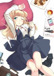 Rule 34 | 1girl, animal ears, bad id, bad pixiv id, black legwear, blonde hair, blue eyes, blush, book, briefcase, cellphone, checkerboard cookie, collared shirt, cookie, cup, dog ears, dress shirt, eraser, eyebrows, food, fruit, holding, holding food, knees together feet apart, long hair, long sleeves, lying, magazine (object), mechanical pencil, neck ribbon, off shoulder, on back, open book, orange (fruit), orange slice, original, paw print, pencil, phone, pillow, red ribbon, ribbon, saucer, school briefcase, shirt, smartphone, unworn socks, solo, teacup, thick eyebrows, u (mikaduki0720), wing collar