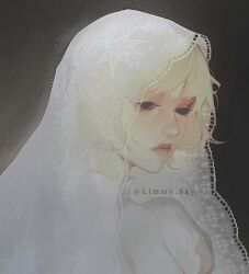 1girl aegyo_sal blonde_hair closed_mouth commentary creepypasta dress english_commentary grey_background highres hollow_eyes instagram_username judge_angels_(creepypasta) lace-trimmed_veil lace_trim light_particles limmysky lips looking_down puffy_short_sleeves puffy_sleeves short_hair short_sleeves simple_background solo star_(symbol) star_print turtleneck turtleneck_dress upper_body veil white_dress white_veil