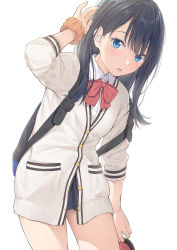 Rule 34 | 10s, 1girl, backpack, bag, black hair, black skirt, blue eyes, blush, bow, bowtie, cardigan, commentary request, gridman universe, long hair, long sleeves, looking at viewer, microskirt, mikazuchi zeus, open mouth, orange scrunchie, pleated skirt, red bow, red bowtie, school uniform, scrunchie, shirt, simple background, skirt, solo, ssss.gridman, standing, sweater, takarada rikka, thighs, white background, white cardigan, white shirt, white sweater, wrist scrunchie