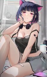 Rule 34 | 1girl, absurdres, animal ears, bandaid on thigh, black hair, blue archive, blush, breasts, cat ears, cat girl, cleavage, closed mouth, colored inner hair, commentary request, cup, doodle sensei (blue archive), extra ears, grey shorts, halo, headphones, headphones around neck, highres, kazusa (blue archive), looking at viewer, luzzi (milllim), medium breasts, multicolored hair, pink eyes, pink hair, pink halo, revision, sensei (blue archive), short hair, shorts, solo, thighs, two-tone hair, window