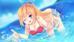 Rule 34 | 1girl, ;d, aizawa hikaru, bent over, bikini, blonde hair, blue eyes, breasts, cleavage, highres, microsoft, official art, one eye closed, open mouth, ponytail, shinia, silverlight, smile, solo, splashing, swimsuit, wading, water, wink