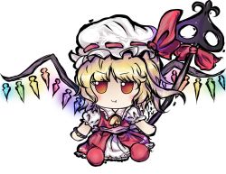 Rule 34 | 1girl, ascot, blonde hair, blush, bow, bracelet, chibi, collared shirt, commentary, english commentary, fang, flandre scarlet, frilled shirt collar, frilled skirt, frills, fumo (doll), hat, hat ribbon, highres, jewelry, laevatein (touhou), lis (lislisette), looking at viewer, medium hair, mob cap, no nose, outline, parted bangs, puffy short sleeves, puffy sleeves, red bow, red eyes, red footwear, red ribbon, red skirt, red vest, ribbon, shirt, short sleeves, side ponytail, signature, simple background, skirt, skirt set, smile, solo, sunken fossil world, tokiame (style), touhou, v-shaped eyebrows, vest, wavy hair, white background, white hat, white shirt, white skirt, wings, yellow ascot
