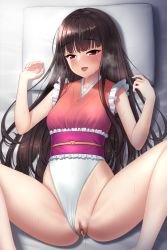 Rule 34 | 1girl, after vaginal, aftersex, alternate costume, azure-maya, bare shoulders, barefoot, bed, belt, black hair, blush, breasts, clothing aside, crying, cum, cum in pussy, frills, heart, highres, houraisan kaguya, long hair, looking at viewer, lying, medium breasts, missionary, on back, one-piece swimsuit, open mouth, pillow, pink belt, pink one-piece swimsuit, pov, pussy, pussy juice, red eyes, saliva, smile, solo, speech bubble, spread legs, swimsuit, tears, textless version, touhou, touhou tag dream, white one-piece swimsuit, wrestling outfit