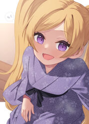 Rule 34 | 1girl, :d, binsen, blonde hair, eighth note, emily stewart, floral print, highres, idolmaster, idolmaster million live!, japanese clothes, kimono, long hair, long sleeves, looking at viewer, musical note, open mouth, print kimono, purple eyes, purple kimono, sidelocks, smile, solo, spoken musical note, swept bangs, twintails, very long hair