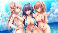 Rule 34 | 3girls, :d, ahoge, bare arms, blue eyes, blue hair, blue one-piece swimsuit, blue sky, breasts, brown eyes, brown hair, closed mouth, cloud, collarbone, covered erect nipples, cowboy shot, dead aegis, game cg, hair ribbon, halterneck, hand on own hip, iizuka minori, ilyusha petrovna, kisaragi nana (dead aegis), large breasts, leaning forward, looking at viewer, multiple girls, navel, ocean, one-piece swimsuit, open mouth, outdoors, pink one-piece swimsuit, purple eyes, red ribbon, revealing clothes, ribbon, shiny skin, sky, slingshot swimsuit, smile, standing, summer, sunlight, swimsuit, thigh gap, twintails, ueda metawo, white hair, yellow one-piece swimsuit
