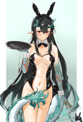 Rule 34 | 1girl, absurdres, animal ears, arknights, arm tattoo, black bow, black bowtie, black hair, black leotard, blush, bow, bowtie, breasts, collar, colored skin, cowboy shot, cross pasties, dragon horns, dragon tail, dusk (arknights), earrings, fake animal ears, flame-tipped tail, green hair, green skin, groin, hair between eyes, highres, holding, holding tray, horns, jewelry, leotard, lolifreak, looking at viewer, medium breasts, meme attire, multicolored hair, navel, pasties, playboy bunny, pointy ears, red eyes, see-through, see-through leotard, strapless, strapless leotard, streaked hair, sweatdrop, tail, tail censor, tape, tape on nipples, tassel, tassel earrings, tattoo, translucent bunnysuit, tray, v-shaped eyebrows, white collar, white wrist cuffs, wrist cuffs