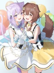 Rule 34 | 2girls, :d, ;d, absurdres, animal ear fluff, animal ears, blush, bone hair ornament, bow, braid, breasts, brown eyes, brown hair, cat ears, cat girl, cat tail, cidersour, commentary request, corset, cowboy shot, dog ears, dog girl, dog tail, fang, fangs, gloves, hair bow, hair ornament, highres, hololive, hololive idol uniform, inugami korone, long hair, looking at viewer, medium breasts, medium hair, multiple girls, nekomata okayu, one eye closed, open mouth, purple bow, purple eyes, purple hair, shirt, skirt, sleeveless, sleeveless shirt, smile, standing, tail, twin braids, v, virtual youtuber, white gloves, white skirt, yellow skirt