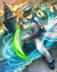 Rule 34 | 1boy, 4others, back, blue storm soldier rascal sweeper, cardfight!! vanguard, cloud, cloudy sky, company name, full body, green eyes, green hair, hat, long hair, male focus, matsushima kazuo, military, military hat, military uniform, multiple others, official art, ship, sky, solo focus, sword, uniform, water, watercraft, weapon